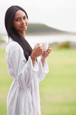 Buy stock photo Spa, coffee and portrait of woman in garden for skincare, wellness and treatment in luxury salon. Resort, happy and person for massage, therapy and cosmetics for relax, calm and self care with drink