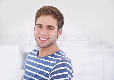 Buy stock photo Portrait, confidence and man with smile for dental service, health insurance and mockup in clinic. Teeth whitening, mouth and happy patient at dentist office with tooth care, space and wellness.