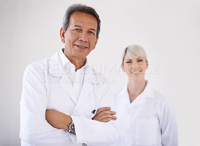 Buy stock photo Portrait, dentist and woman in clinic together with confidence, expert advice and orthodontics for medical health. Dental medicine, healthcare and professional with pride, arms crossed and technician