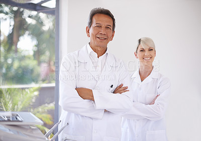 Buy stock photo Portrait of a dentist and his assistant in their office