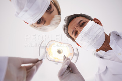 Buy stock photo Dentist, team and portrait of people with light for consulting, teeth whitening and wellness. Healthcare, dentistry and man and woman with tools for dental hygiene, oral care and medical services
