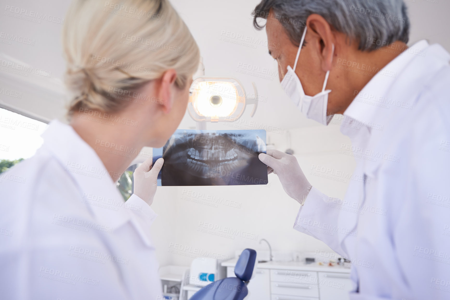 Buy stock photo Dentist, team and people with x ray for consulting, patient analysis and wellness in clinic. Healthcare, dentistry and man and woman with scan for dental hygiene, oral care and medical services