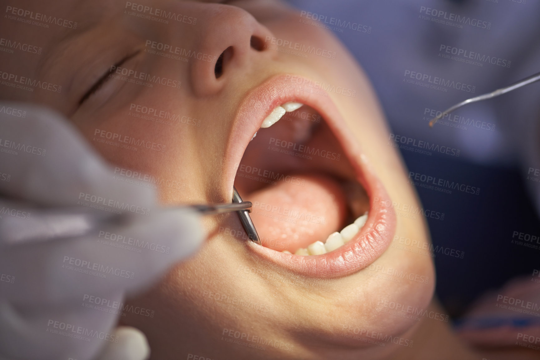 Buy stock photo Teeth, child and dentist with tools in mouth for gum disease and oral hygiene with dental inspection. Medical, orthodontics and patient consultation for health, cleaning and wellness with instruments