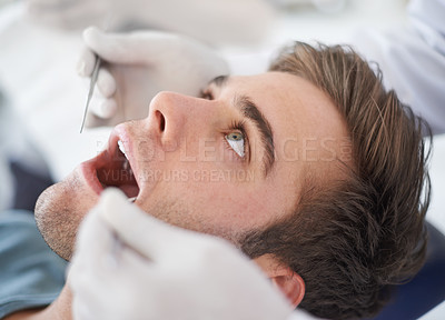 Buy stock photo Dental, man and dentist with tools for healthcare, gum disease and oral hygiene with mouth inspection. Medical, orthodontics and consultation for teeth health, cleaning and wellness with excavator