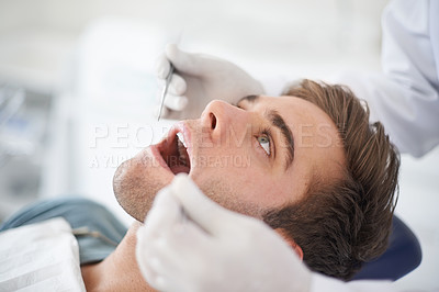 Buy stock photo Man, hands and dentist with tools for healthcare, gum disease and oral hygiene with mouth inspection. Medical, orthodontics and consultation for teeth health, cleaning and wellness with excavator