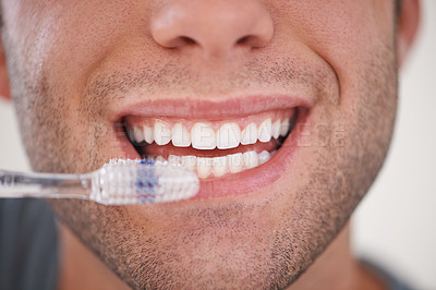 Buy stock photo Closeup of person brushing teeth, toothbrush and dental for wellness, fresh breathe and tooth whitening in morning routine. Clean mouth, toothpaste and oral care with orthodontics and hygiene