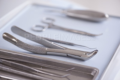 Buy stock photo Dental, instrument and tools treatment consultation for examination, cleaning or hygiene. Equipment, explorers or scaler for teeth care or oral help for mouth checkup or dentist, tooth or forceps