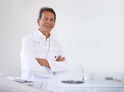 Buy stock photo Portrait, dentist and doctor man in office with confidence, expert advice and orthodontics for medical health. Dental medicine, healthcare and professional with pride, arms crossed and oral service.