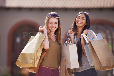Buy stock photo Women, friends and shopping bag for outdoor fashion with sale, discount and a happy portrait. Face of young people with smile, diversity and cool clothes, accessories or sunglasses in city for retail