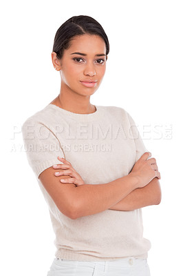 Buy stock photo Fashion, portrait and woman with arms crossed in studio with confidence, attitude and style on white background. Clothes, pride and female model posing with trendy, cool or neutral outfit choice