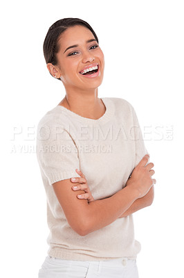 Buy stock photo Happy, portrait and woman laughing with arms crossed in studio with funny, joke or silly humor on white background. Face, smile and female model remember goofy memory, comic or friendly personality