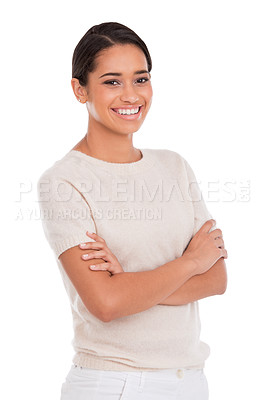 Buy stock photo Portrait, happy or woman with arms crossed in studio for fashion, confidence or positive attitude on white background. Face, smile or Mexican model with pride pose for style, clothes or outfit choice