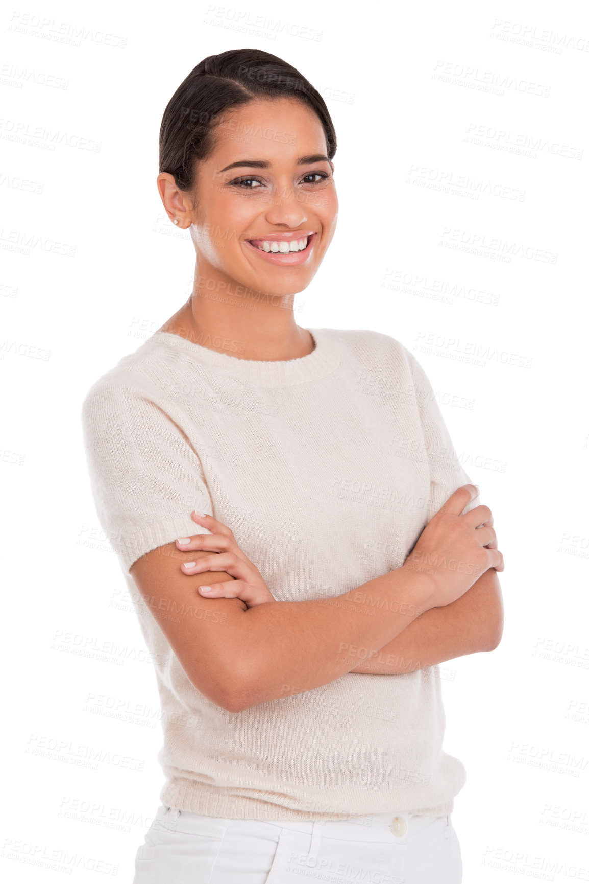 Buy stock photo Portrait, happy or woman with arms crossed in studio for fashion, confidence or positive attitude on white background. Face, smile or Mexican model with pride pose for style, clothes or outfit choice