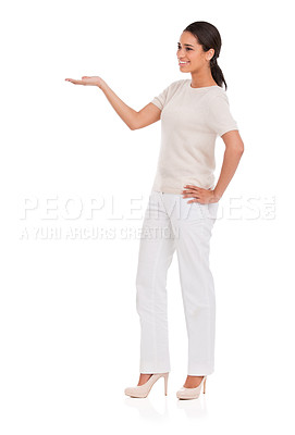 Buy stock photo Happy, woman and hand pointing to mockup in studio for announcement, presentation or info on white background. Smile, gesture and female model show palm space for steps, menu or giveaway guide promo