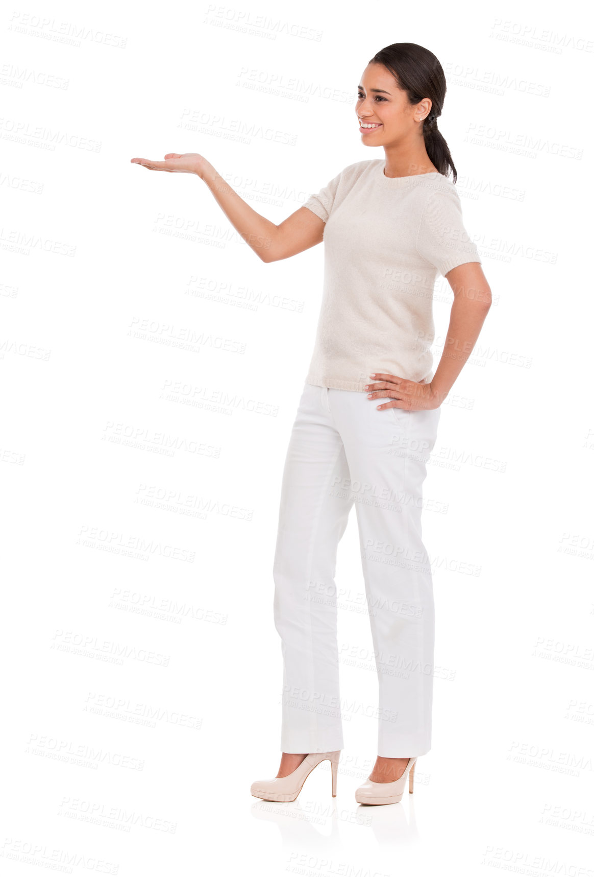 Buy stock photo Happy, woman and hand pointing to mockup in studio for announcement, presentation or info on white background. Smile, gesture and female model show palm space for steps, menu or giveaway guide promo