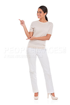 Buy stock photo Portrait, happy woman and hand pointing to mockup in studio for announcement, presentation or info on white background. Face, smile and female model show space for steps, menu or giveaway guide promo