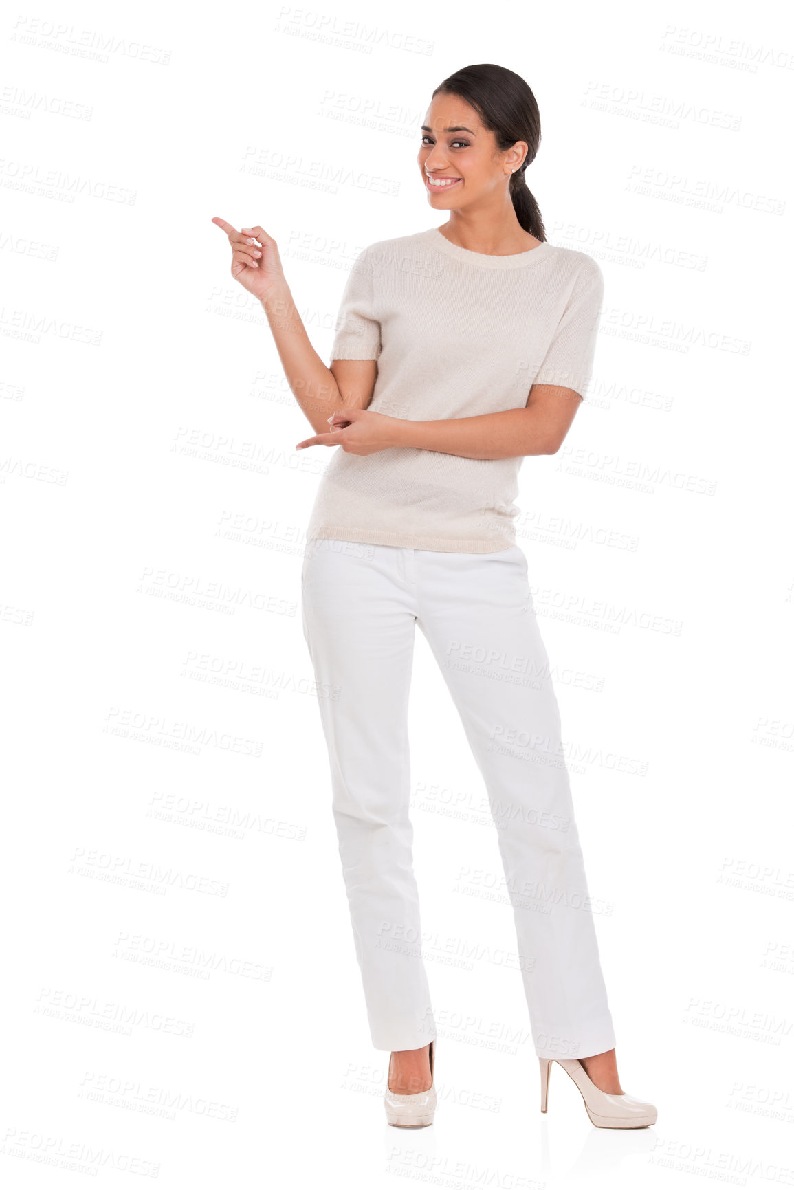 Buy stock photo Portrait, happy woman and hand pointing to mockup in studio for announcement, presentation or info on white background. Face, smile and female model show space for steps, menu or giveaway guide promo