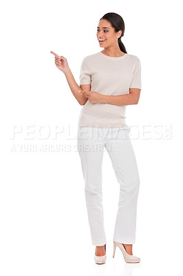 Buy stock photo Happy, woman and hand pointing to mockup in studio for announcement news, presentation or info on white background. Face, smile and female model show space for steps, menu or giveaway guide promo