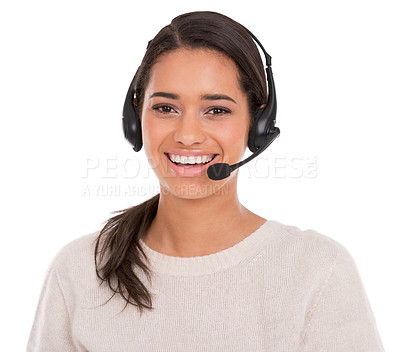 Buy stock photo Call center, portrait and woman consulting in studio for contact us, crm or customer support on white background. Telemarketing, faq and face of female consultant with loan advice, help or assistance