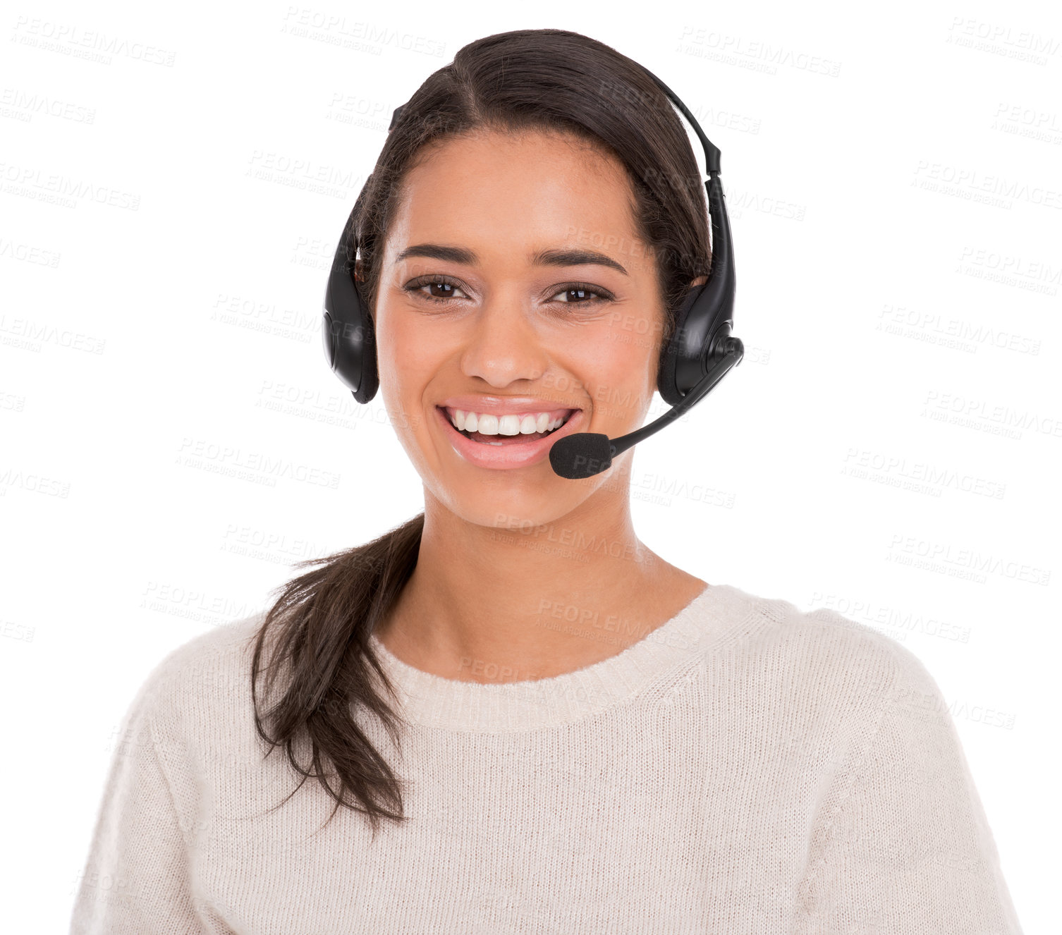 Buy stock photo Call center, portrait and woman consulting in studio for contact us, crm or customer support on white background. Telemarketing, faq and face of female consultant with loan advice, help or assistance