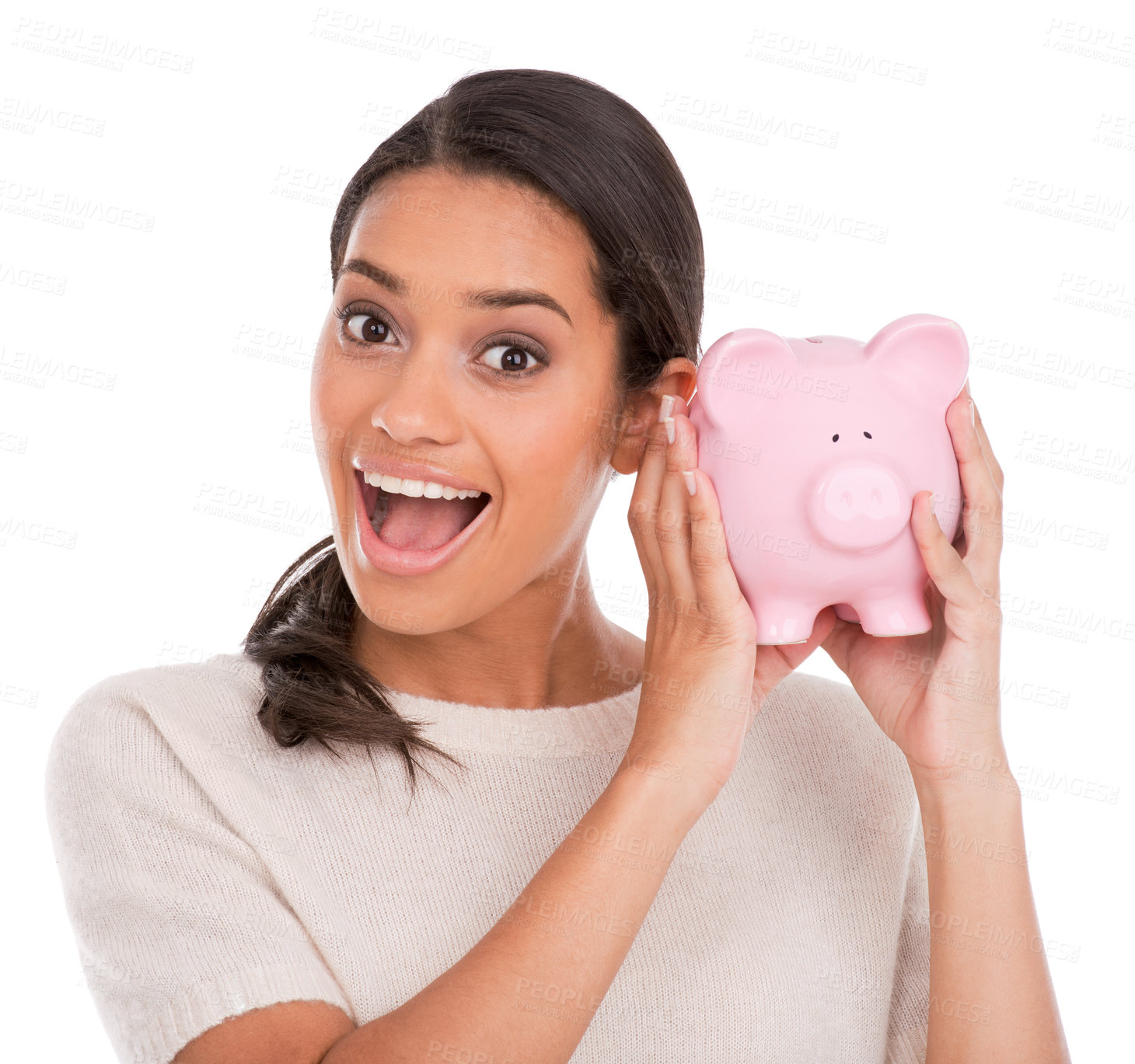 Buy stock photo Wow, portrait and woman with piggy bank in studio for budget, savings or investment growth on white background. Money, box or face of excited model with financial, payment or cashback funding success