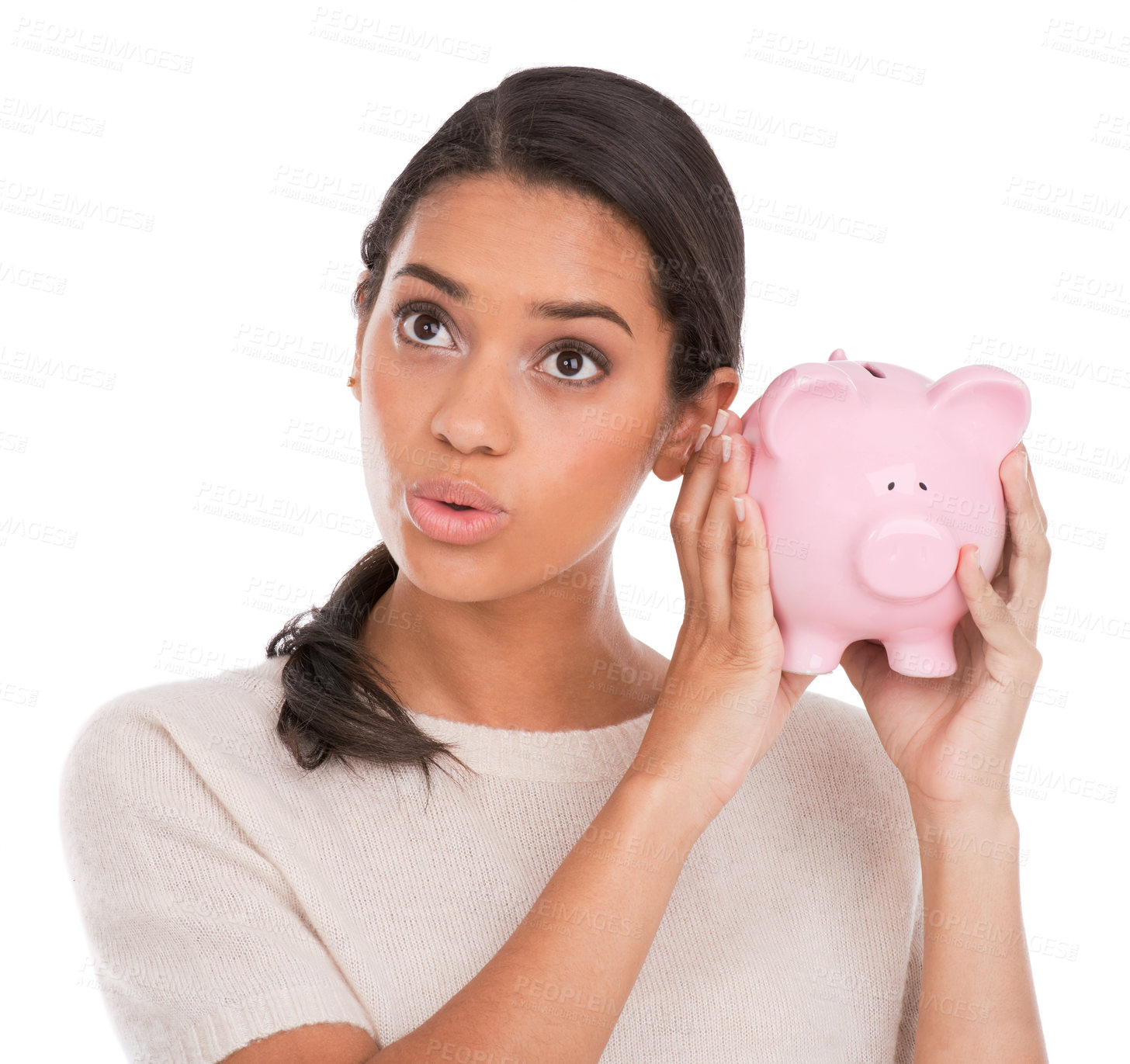 Buy stock photo Face, thinking and woman with piggy bank in studio for budget, savings or investment growth on white background. Money, box or female model with financial, payment or checking cashback funding