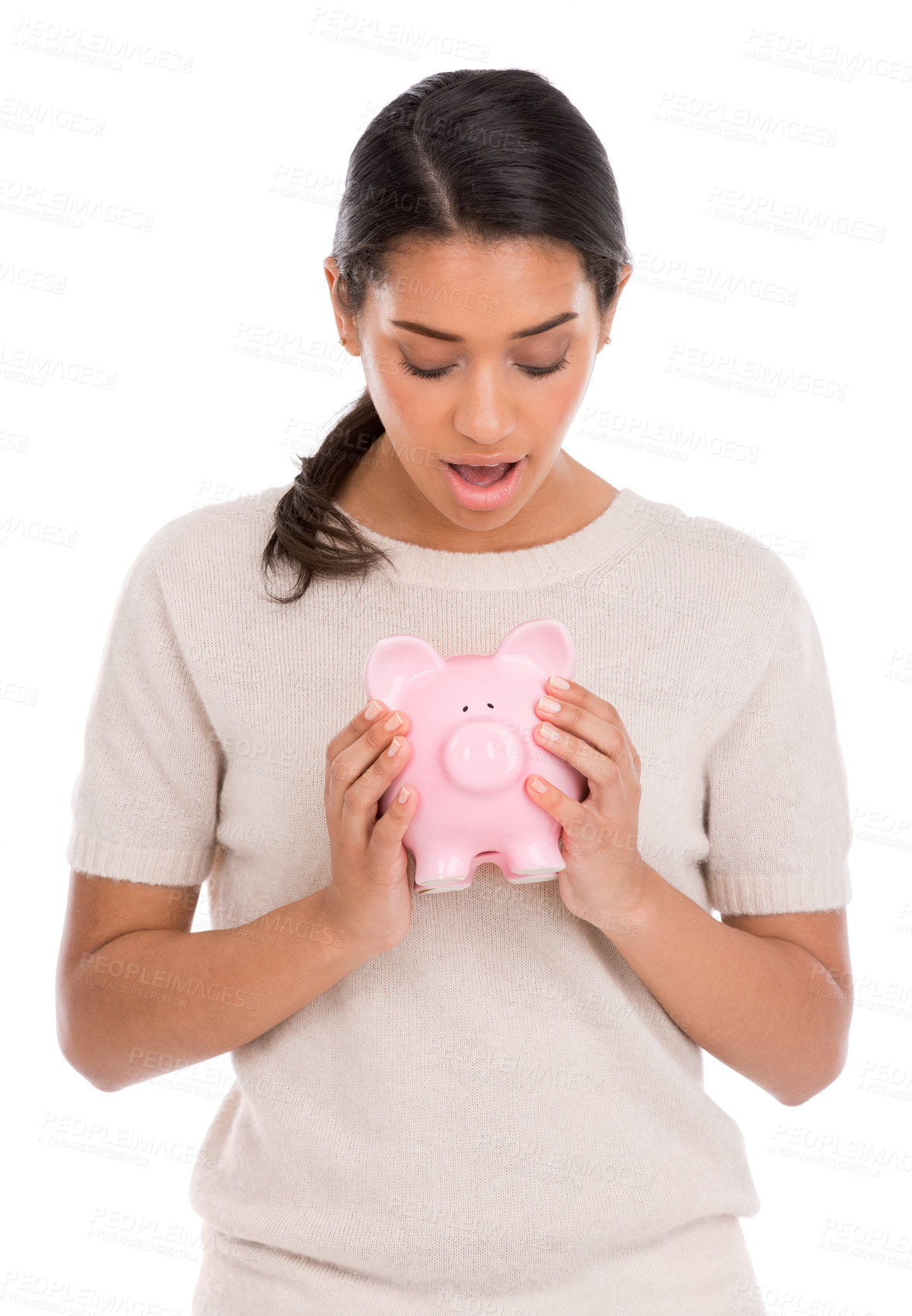 Buy stock photo Wow, surprise or woman with piggy bank in studio for budget, savings or investment growth on white background. Money, box or model with financial container, payment or unexpected cashback profit 