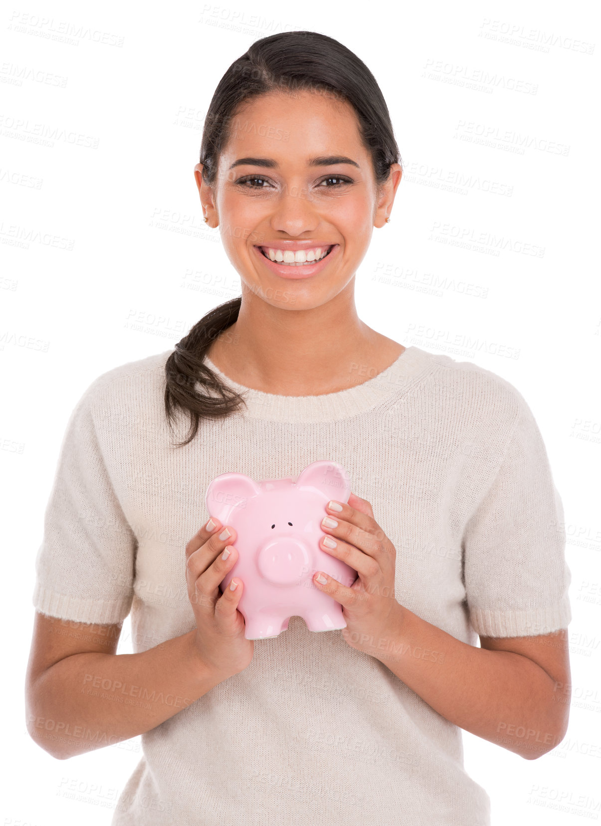 Buy stock photo Happy, portrait and woman with piggy bank in studio for investment, growth for financial freedom on white background. Money, box and model face with cash container for funding, cashback or payment