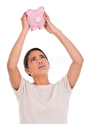 Buy stock photo Stress, debt or woman in studio for piggy bank, crisis or budget, savings or payment fail on white background. Economy, inflation or frustrated model with empty cash container, disaster or bankruptcy