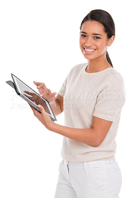 Buy stock photo Woman, tablet and portrait in studio for online, research and e learning on college website. Smile of a student or model typing, scroll and education on digital technology and a white background