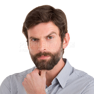 Buy stock photo Thinking, portrait and business man in studio with solution, problem solving or planning on white background. Why, doubt or serious male entrepreneur with how to questions, emoji and guess face