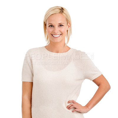 Buy stock photo Portrait, fashion and smile with confident woman in studio isolated on white background for style. Model, clothes and attitude with confident young person in trendy or casual clothing outfit