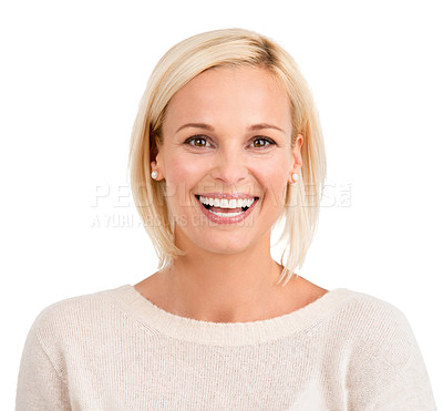 Buy stock photo Portrait, beauty and blonde with smile of woman in studio isolated on white background for natural cosmetics. Face, aesthetic or skincare and happy young person looking satisfied with dermatology