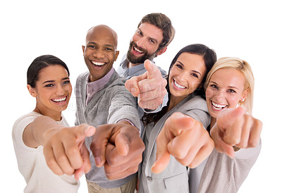 Buy stock photo Shot of a group of confident businesspeople pointing at the camera