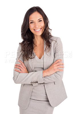 Buy stock photo Business woman, arms crossed and happy in portrait with confidence in suit isolated on white background. Success, professional mindset and female model, ambition and corporate fashion in studio