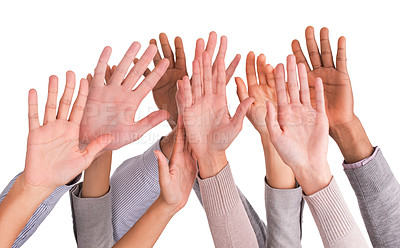 Buy stock photo Hands, collaboration and volunteer with business people together in studio isolated on white background. Teamwork, support and question with employee group closeup as audience for success or vote