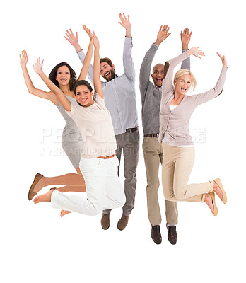 Buy stock photo Business, people and team jump in studio for success, winning and achievement with wow, yes or celebration. Portrait of excited accountant or winner group with arms up for goals on a white background