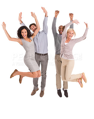 Buy stock photo Full-length shot of a group of businesspeople jumping with joy