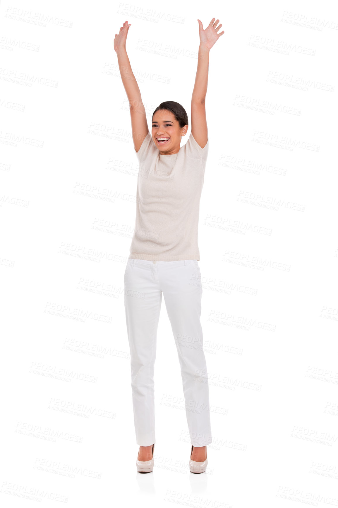 Buy stock photo Excited, winner and woman with arms up celebration in studio for fashion, sale or promo on white background. Happy, energy and female model with wow hands for clothing discount, giveaway or offer