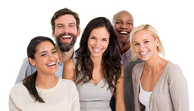 Buy stock photo Business people, happiness in portrait with diversity and team isolated on white background. Success, professional group are laughing together with positivity and career mindset in collaboration