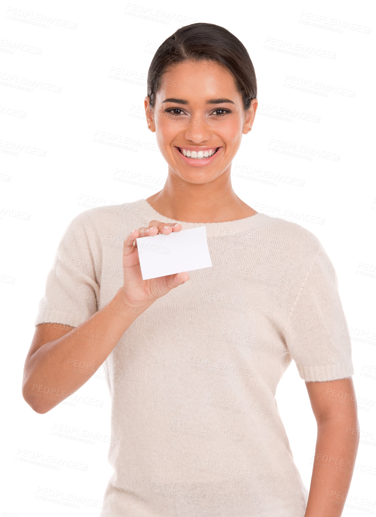 Buy stock photo Woman, portrait and card mock up in studio for marketing of information, presentation or contact us. Face of young person or casual model in t shirt with paper and space for tag on a white background