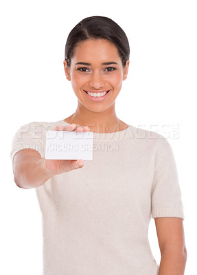 Buy stock photo Business card, happy woman and portrait with space in studio for information on white background. Paper, face and female model show mockup for contact us, promotion or poster for startup advertising
