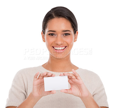 Buy stock photo Mockup, business card and portrait of happy woman in studio with information on white background. Paper, face and female model with space for contact us, details or poster for startup advertising