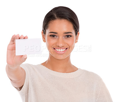 Buy stock photo Business card, portrait and happy woman with mockup in studio with information on white background. Paper, face and female model show space for contact us, details or poster for startup advertising