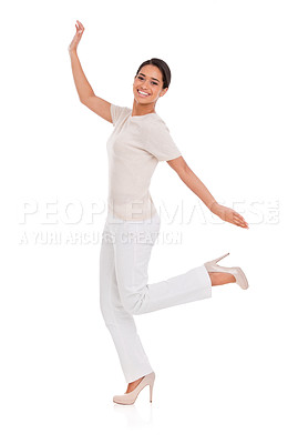 Buy stock photo Woman, winner and celebration in studio for success, winning and achievement with fashion, bonus or sale. Portrait of an excited person with heels, yes and stylish clothes on a white background