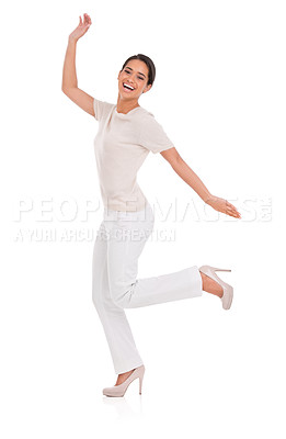 Buy stock photo Woman, excited and celebration in studio for success, winning and achievement with fashion, bonus or sale. Portrait of a winner or happy model in heels with wow, jump or yes on a white background