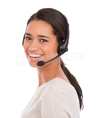 Buy stock photo Call center, portrait or happy woman consulting in studio for contact us, faq or customer service on white background. Telemarketing, crm and female consultant face with loan advice, help or support
