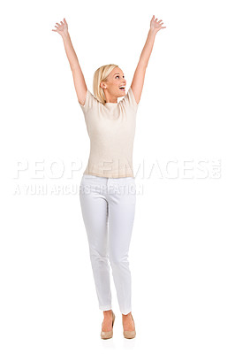 Buy stock photo Woman, winner and arms up in studio for success, winning and achievement with fashion, bonus or sale. Excited person in heels and stylish clothes with yes, wow and celebration on a white background