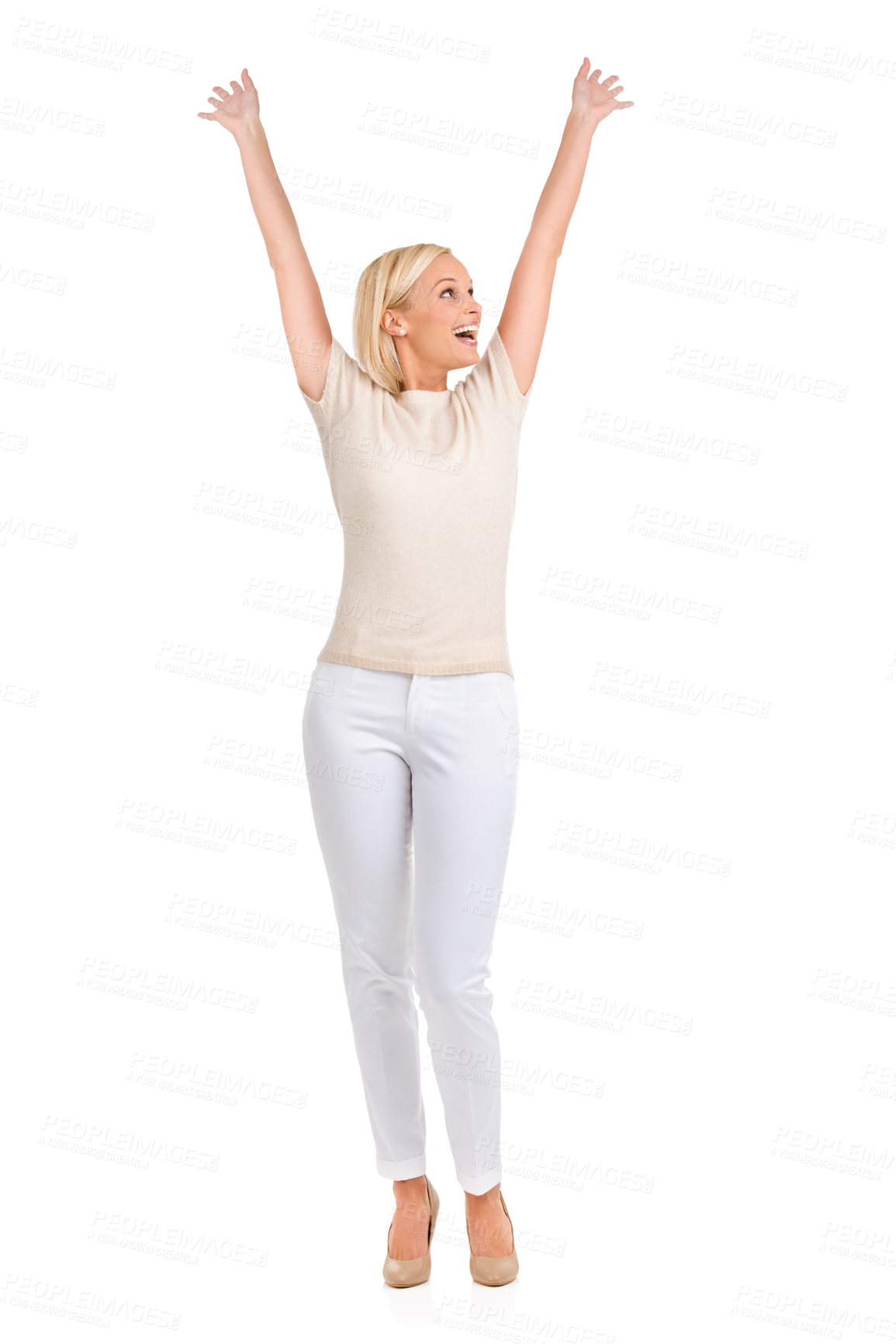 Buy stock photo Woman, winner and arms up in studio for success, winning and achievement with fashion, bonus or sale. Excited person in heels and stylish clothes with yes, wow and celebration on a white background