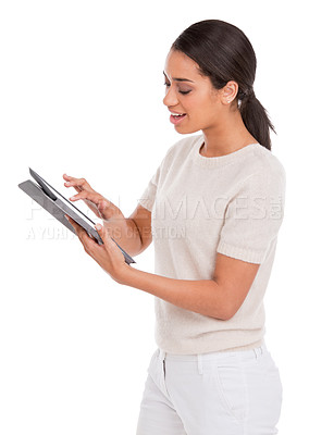 Buy stock photo Woman, tablet and typing in studio for online career, research and social media for creative, information or website. Young designer with startup, project and digital technology on a white background